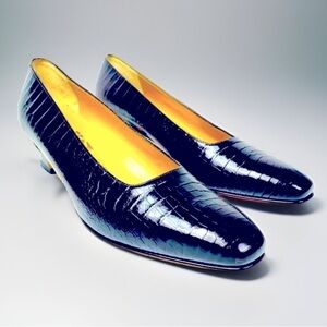 Salvatore Ferragamo Black Crocodile Leather Kitten Heel Pump